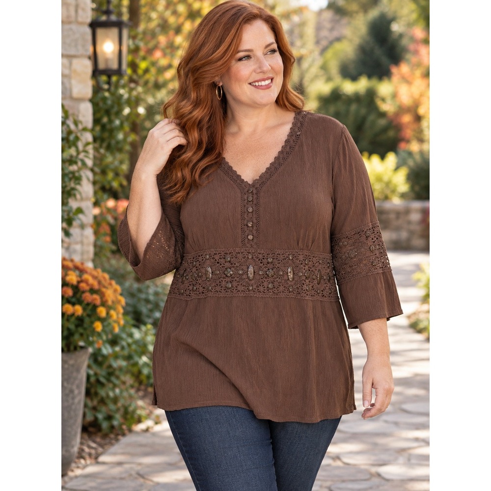 Requirements Woman 1X Brown Beaded Crochet Lace Bell Sleeve Boho Tunic NWT